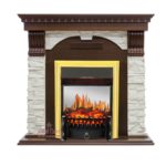 Каминокомплект Royal Flame Dublin угловой темный дуб арочный скальный белый с очагом Fobos FX M Brass