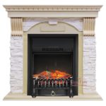 Каминокомплект Royal Flame Dublin слоновая кость с патиной арочный скальный крем с очагом Fobos FX Black