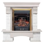Каминокомплект Firelight Forte Classic U (угловой) камень белый с очагом Majestic FX Black Беленный дуб
